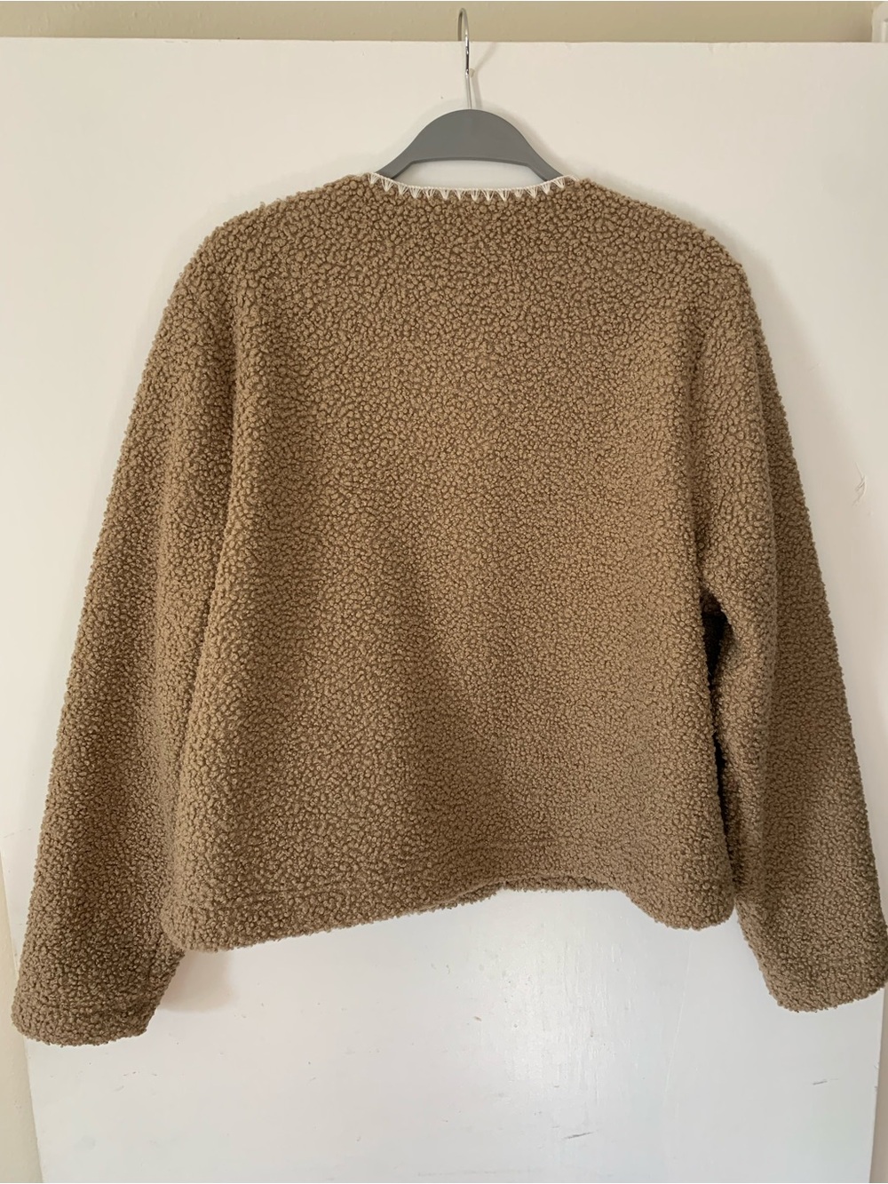 J. Crew Factory Camel Sherpa Blanket-Stitch Jacket with Contrast Trim, Sz Large - Picture 6 of 9